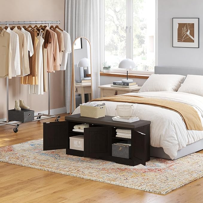 DINZI LVJ Shoe Bench, Entryway Storage Bench with Doors, Cushion, 2-Tier Shoe Rack with 6-Cubby, 39.4”L x 13.8”W Shoe Organizer Cabinet, Adjustable Shelf, Living Room, Bedroom, Espresso-PawvioPets