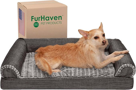 Furhaven Orthopedic Dog Bed for Medium/Small Dogs w/ Removable Bolsters & Washable Cover, For Dogs Up to 35 lbs - Luxe Faux Fur & Performance Linen Sofa - Charcoal, Medium-PawvioPets