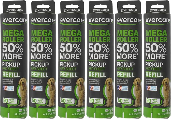 Evercare Pack of 6 10" Wide Large Surface Mega Pet Roller Refill, 50 Sheets Each (300 Sheets Total)-PawvioPets