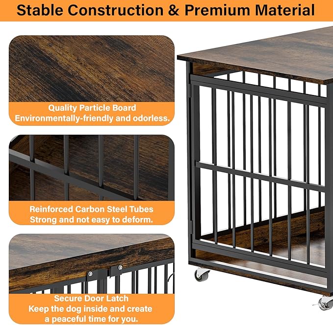COZPAW Dog Crate Furniture, 48 Inch Dog Crates for Medium/Large Breed, Farmhouse Wood Metal Kennel Indoor Heavy Duty Pet Cage with Caster Wheels (Brown)-PawvioPets