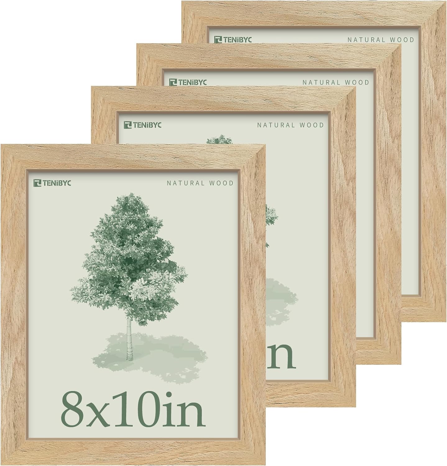 8x10 Picture Frame 4 Pack, Textured Natural Wood, HD Tempered Glass, Gallery Photo Frame, Table or Wall Display