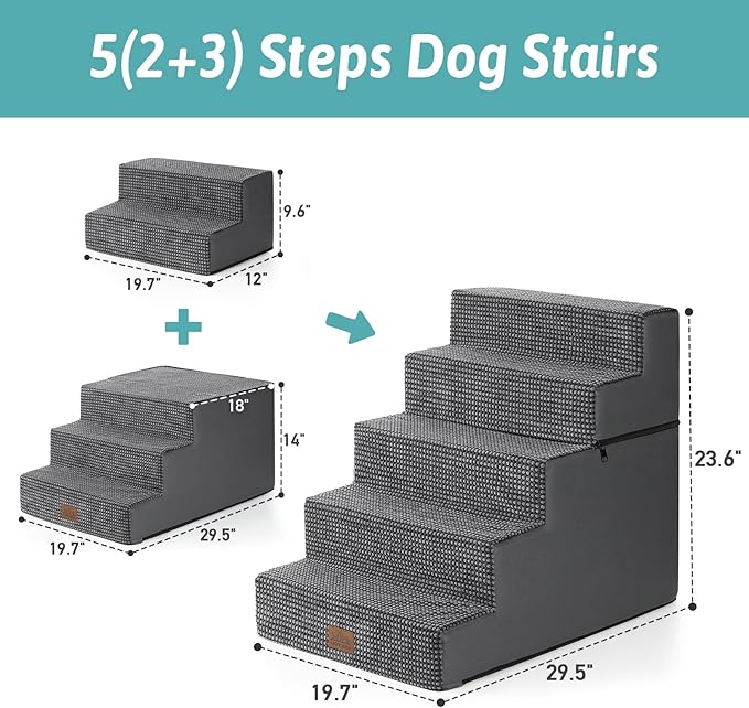 Dog Stairs for Small Dogs, 5 Tier Removable Wider Pet Stairs for Couch and Bed, 23.6" H Non-Slip Dog Steps for Puppies and Old Cats with Support Board, 29.5x19.7x23.6 inch, Dark Grey-PawvioPets