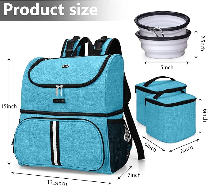 BAGLHER Pet Travel Bag, Double-Layer Pet Supplies Backpack (for All Pet Travel Supplies), Pet Travel Backpack with 2 Silicone Collapsible Bowls and 2 Food Baskets Sky Blue-PawvioPets
