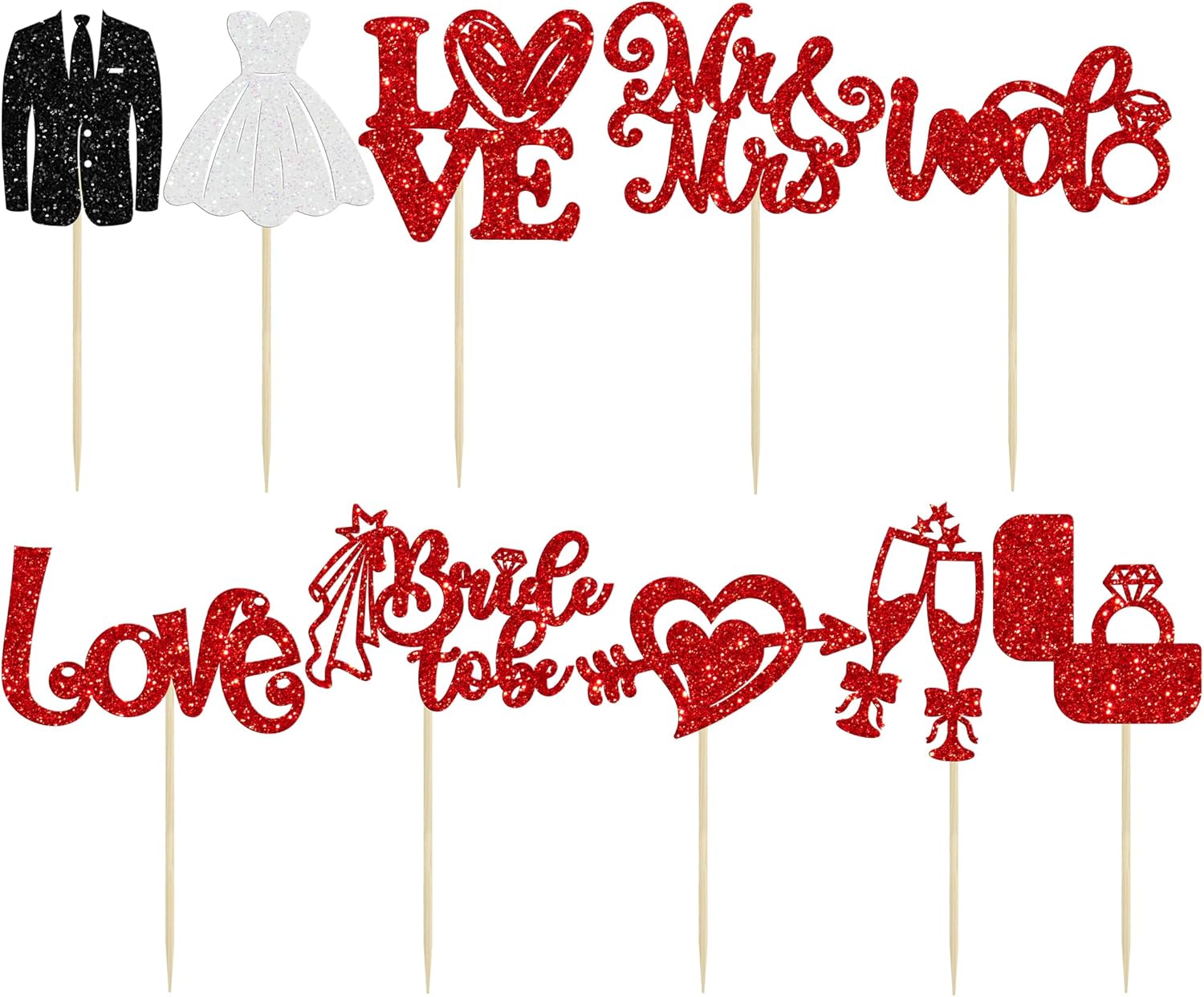 Ephlyn 30Pcs Bride to be Cupcake Toppers Glitter Wedding Cake Topper Decorations I Do Love Heart Ring Cupcake Picks for Bridal Shower Wedding Engagement Party Supplies Red