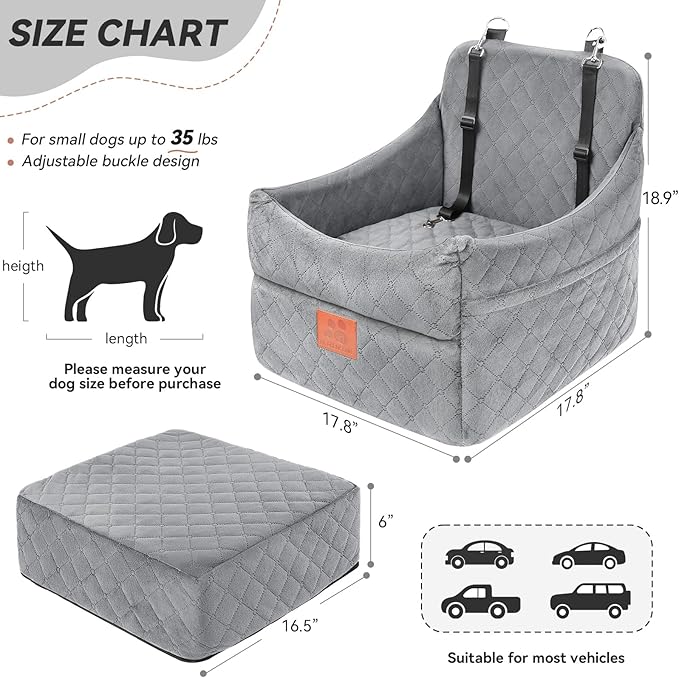 Dog Car Seat for Small/Medium Dogs, Dog Booster Car Seats with Thick Cushion for Dogs Under 35lbs, Detachable Washable Pet Car Seat with Storage Pockets, 2 Safety Belts-PawvioPets