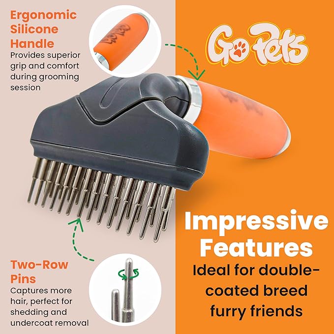 GoPets Double Row Dematting Rake, Undercoat Grooming Tool for Thick and Long Coat Pets, Ideal for Sensitive Skin, Reduces Breakage, Supports Daily Shedding Control, Detangler for Dogs and Cats-PawvioPets