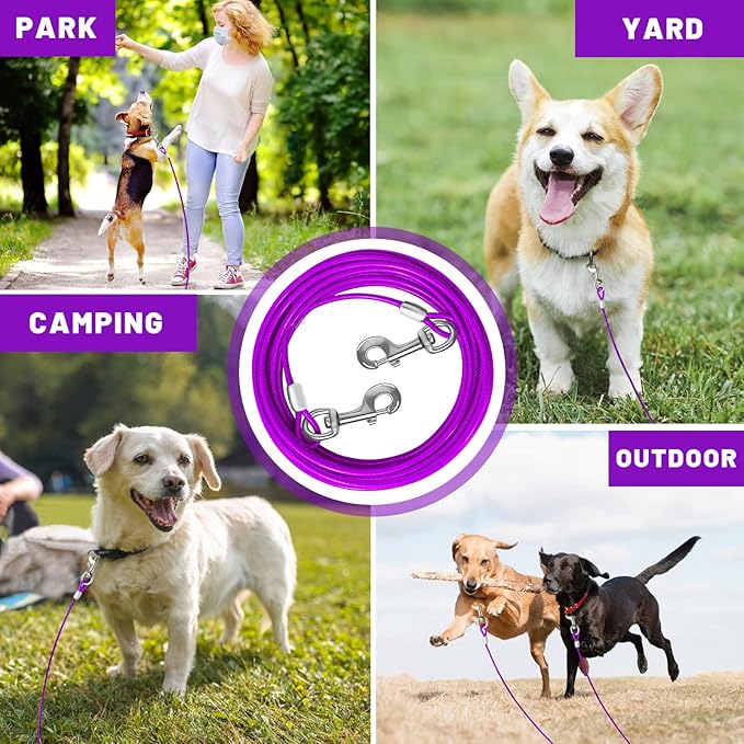 Dog Tie Out Cable 10/15/20/25/30 FT Runner for Yard Steel Wire Cable with Durable Superior Clips Purple Chains for Outside Dog Lead for Large Up to 165 Lbs-PawvioPets