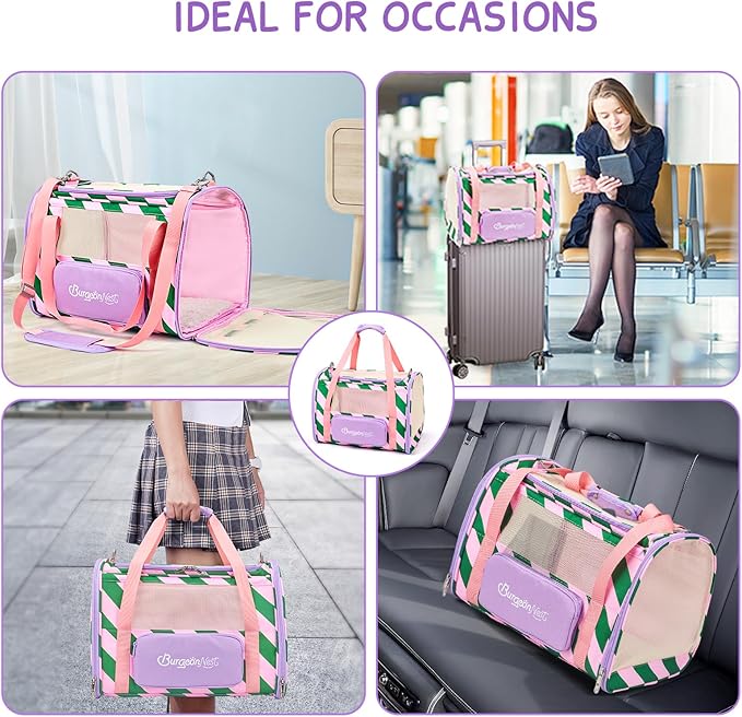 BurgeonNest Cat Carrier, Dog Cat Carriers for Large Medium Cats Under 20 lbs, Soft Sided Pet Carrier, Collapsible Travel Carry Puppy Kitten Cat Carrier with Big Side Bag (Medium, Pink-Green)-PawvioPets