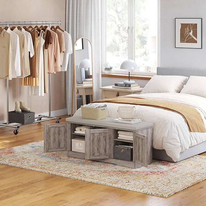 DINZI LVJ Shoe Bench, Entryway Storage Bench with Doors, Cushion, 2-Tier Shoe Rack with 6-Cubby, 39.4”L x 13.8”W Shoe Organizer Cabinet, Adjustable Shelf, Living Room, Bedroom, Greige-PawvioPets