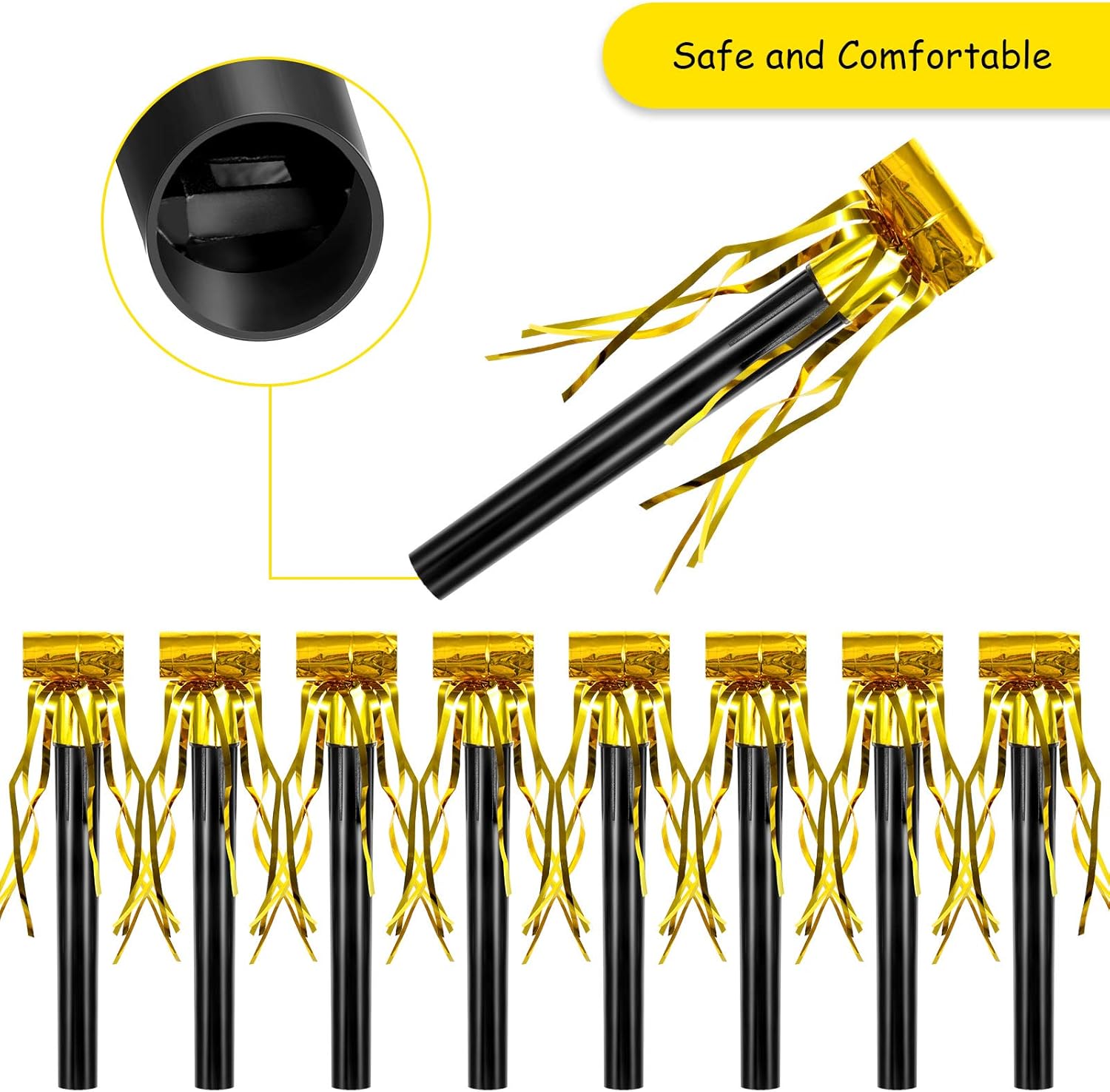 Skylety 18 Pcs Party Blower Noisemakers Party Squawkers Blowouts Whistles Fringed Noise Maker Musical Blowouts for Birthday Supplies(Black and Gold)