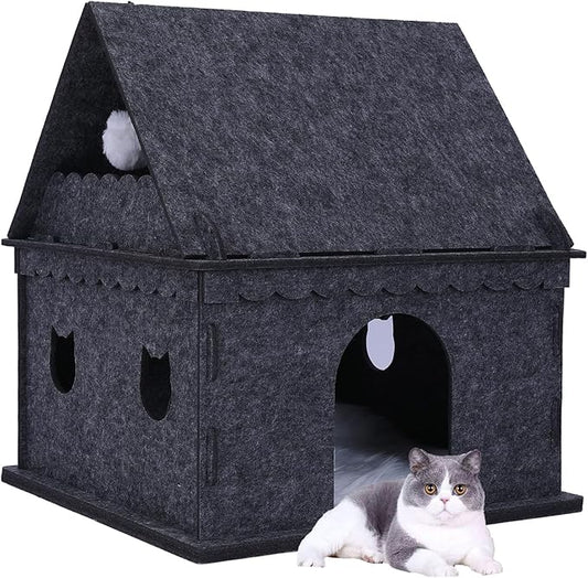 2-Tier Indoor Cat Apartment，Cozy Pet Cat Bed, Hideaway, and Sturdy Cat Castle for Multiple and Large Cats-PawvioPets