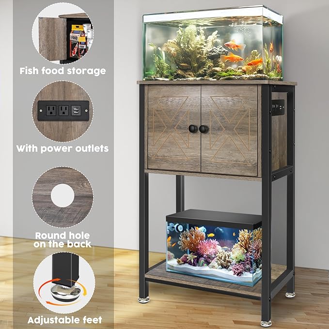 5-10 Gallon Fish Tank Stand, Heavy Duty Aquarium Stand with Cabinet & Power Outlets for Fish Tank Accessories Storage, Double Tank Stand 20.5" L* 11" W Tabletop, 220LBS Capacity, Grey-PawvioPets