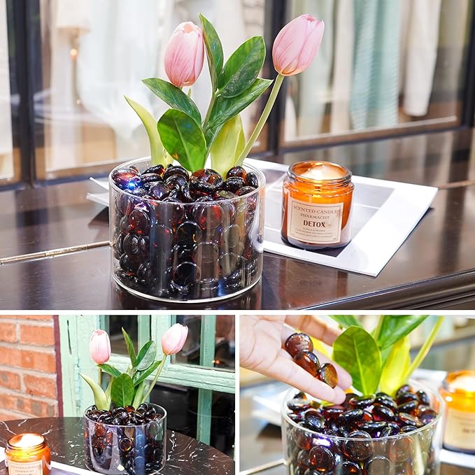 1LB Amber Flat Glass Marbles for Vases, Gemstone Beads Vase Filler Decorative Glass Pebbles for Fish Tank, DIY Crafts, Autumn Centerpieces, Aquarium Decor Rocks-PawvioPets