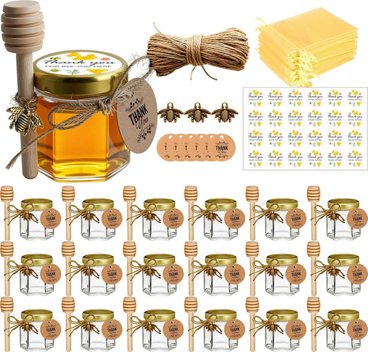 Adabocute 20 Pack Mini Honey Jars with Dipper - Mini Honey Jars for Baby Showers & Wedding Gifts - Gold Lids, Bee Pendants, Jutes and Gift Bags