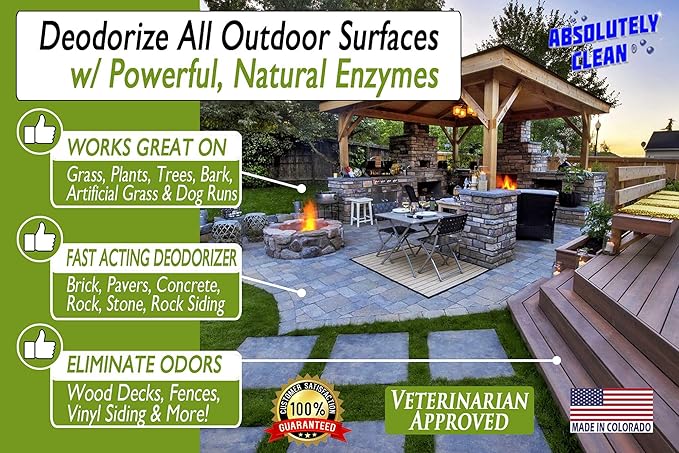 Amazing Outdoor Deodorizer odor eliminator Natural Enzyme Just Spray & Walk Away Grass, AstroTurf, Dog Runs, Patios, Decks, Fences & More Vet Approved - 128oz odor eliminator for strong odor-PawvioPets