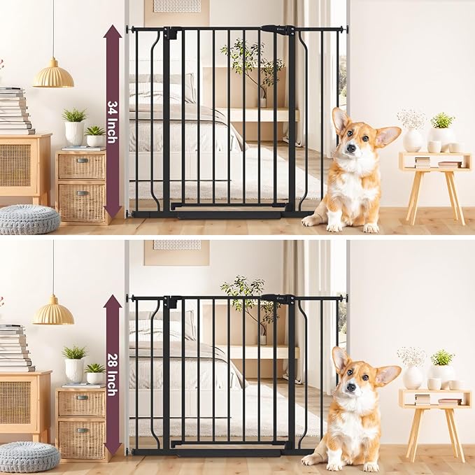 34" Extra Tall Baby Gate for Stairs, Auto Close Stroller Friendly Dog Gate Indoor for Doorways, Pressure Mounted 29"-40" W Baby Gate, Easy Walk Through Gate for Children & Pets, Black-PawvioPets