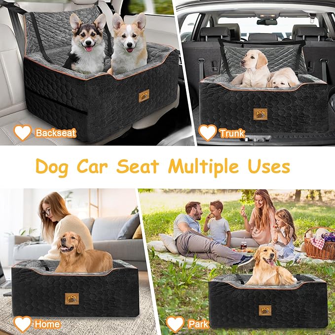 Dog Car Seat for Medium/Large Dog Booster Seat for Dogs Under 60 lbs or 2 Small Dogs, Multi-Functional Pet Car Seat with Thick Cushion, 2 Safety Leashes (BlackGray)-PawvioPets