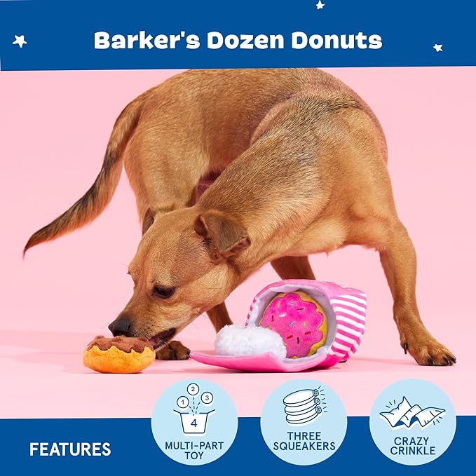 Barkbox Dog Toys – Barker’s Dozen Donuts Plush 4 in 1 Multi Part Interactive Dog Toy for Dogs & Puppies – Small-PawvioPets
