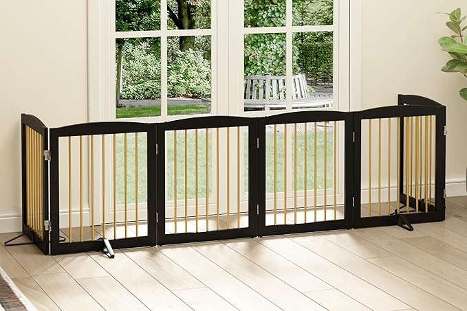 Freestanding Pet Gate for Dogs, Foldable Wooden Dog Gate for House, Extra Wide Indoor Pet Barrier for Stair, Doorway, Hall, Support Feet Included, 120 Inch Wide, 6 Panels 24",Black&Gold-PawvioPets