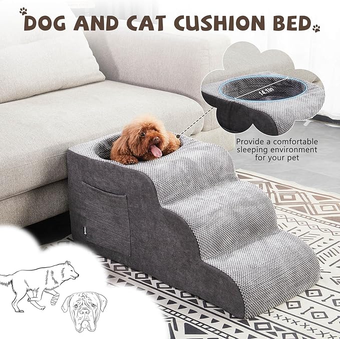 Dog Stairs, Dog Stairs for Small Dogs, 3-Step Pet Stairs, Dog Steps for Bed, Dog ramp, pet Stairs for high beds, Old Dog pet Steps, Non-Slip Pet Step Indoor, Grey-PawvioPets
