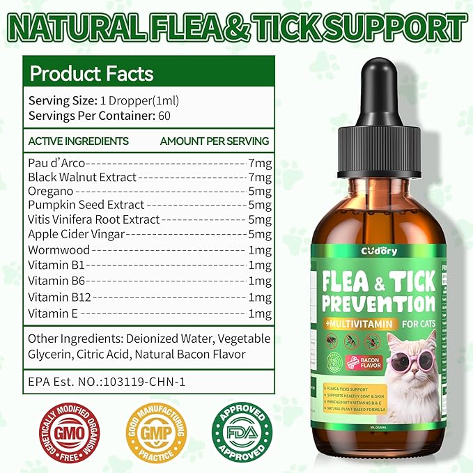 Flea & Tick Support for Cats – Natural Herbal Drops with Multivitamin – Fleas and Ticks Comfort Formula for Cat All Breeds & Ages – Bacon Flavor-PawvioPets