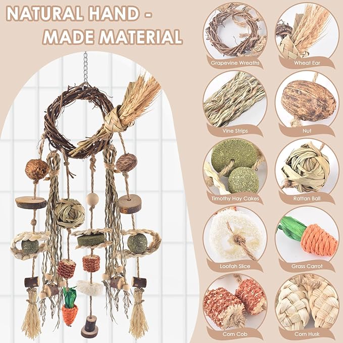 Bissap Bunny Chew Toy, Rabbits Cage Hanging Chew Toys and Treats Rattan Ring with Snacks Water Grass Wooden Block Carrot for Guinea Pigs Chinchillas Hamsters Rats and Other Small Pets Teeth Grinding-PawvioPets