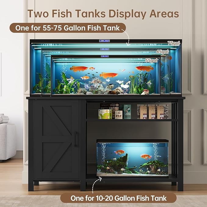 55-75 Gallon Aquarium Stand with Power Outlet, Heavy Duty Fish Tank Stand with Cabinet Storage & Adjustable Shelf, for Fish Tank, Turtle Tank, Reptile Terrarium, 1000LBS Capacity, Black-PawvioPets