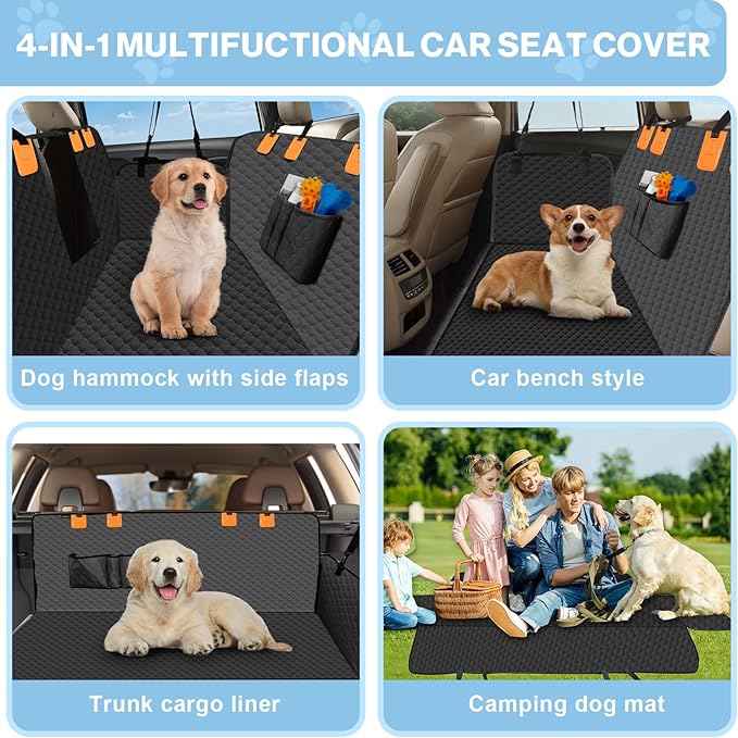 Dog Car Seat Cover for Back Seat, Waterproof Protector with Side Flaps, Scratchproof Hammock, Non-Slip Bottom for Cars/Trucks/SUVs (Black02)-PawvioPets