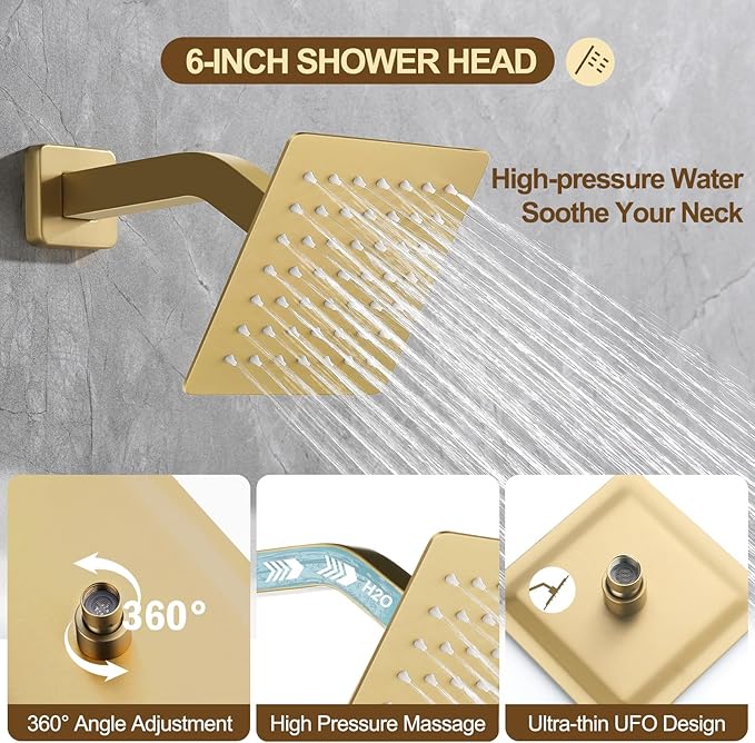 12 Inch Rain Shower System, Brushed Gold Shower Faucet Set with Push Button Diverter, 6 Inch Wall Mounted 3-Functions Bathroom Shower Systems with Dual-Function Handheld (Thermostatic, Gold Brushed)-PawvioPets