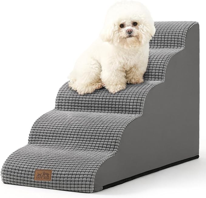 Dog Stairs for High Bed 22.6" H, Small Dog Step for Puppy, Older or Cat, Curved Ramp for Car, Ladder with High Density Foam, Lightweight, Durable, 15.7x33x22.6 inch, 5 Step, Light Grey-PawvioPets