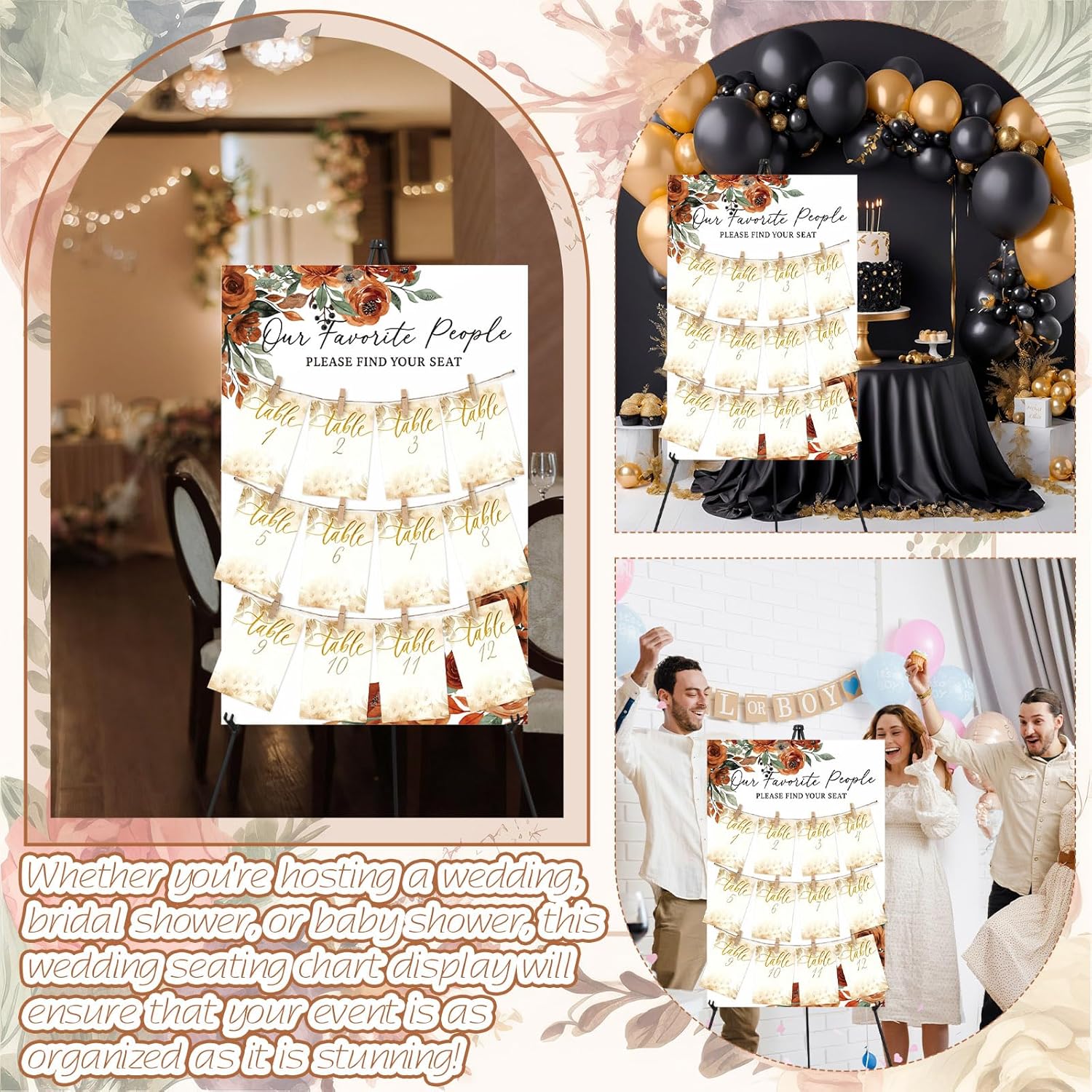 Pinkunn Terracotta Floral Wedding Seating Chart with Easel Display Stand 15.8 x 23.6 Inch Rose Wooden Rustic Seating Chart Board Please Find Your Seat Sign for Baby & Bride Shower Wedding Sign Decor