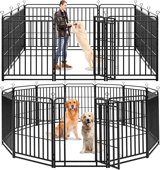 Dog Playpen Outdoor 12 Panels Heavy Duty Dog Fence 47" Height with Thick Pipe Anti-Rust with Doors Portable for RV Camping Yard, Total 27FT, 57 Sq.ft, Snowy Black-PawvioPets