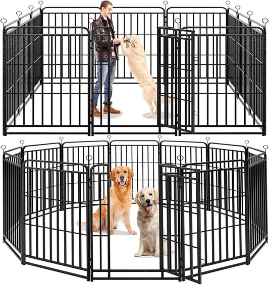 Dog Playpen Outdoor 12 Panels Heavy Duty Dog Fence 47" Height with Thick Pipe Anti-Rust with Doors Portable for RV Camping Yard, Total 27FT, 57 Sq.ft, Snowy Black-PawvioPets