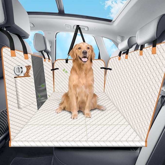 Dog Car Seat Cover for Back Seat, Dog Car Bed Cover with Strong Hard Bottom, Car Back Seat Extender Hammock for Car SUV Truck 4 Panels Beige Color-PawvioPets