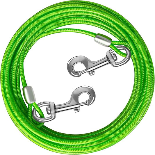 Dog Tie Out Cable 10/15/20/25/30 FT Runner for Yard Steel Wire Cable with Durable Superior Clips Green Chains for Outside Dog Lead for Large Up to 165 Lbs-PawvioPets