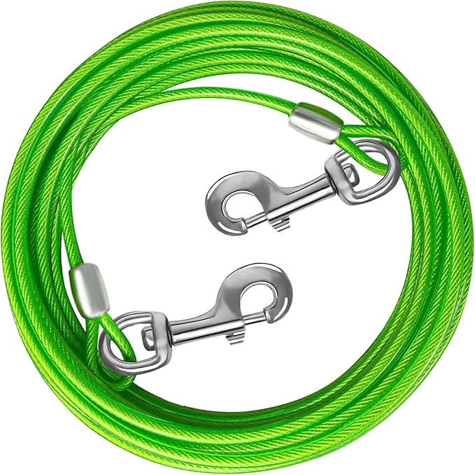 Dog Tie Out Cable 10/15/20/25/30 FT Runner for Yard Steel Wire Cable with Durable Superior Clips Green Chains for Outside Dog Lead for Large Up to 165 Lbs-PawvioPets