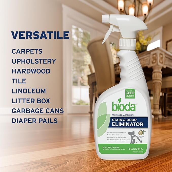 Bioda Commercial Strength Enzymatic Stain & Odor Eliminator for Pets | Industrial-Grade Formula Removes Dog and Cat Urine | USA Made Carpet Spot Cleaner | 32oz Sprayer-PawvioPets