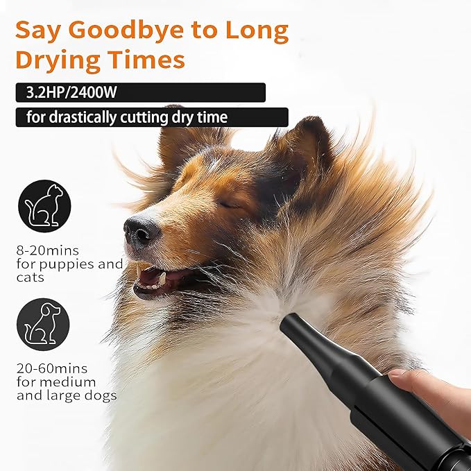 2400w 75m/s Dog Dryer for Pet Grooming, High Velocity Pet Hair Dryer with Heater, Adjustable Speed, 4 Nozzles and a Comb, Black-PawvioPets