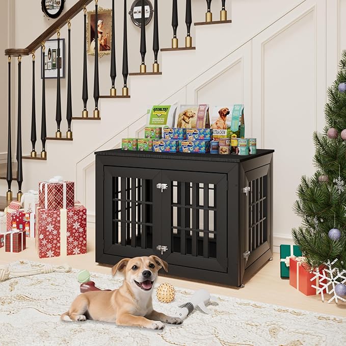 38" Heavy Duty Dog Crate Furniture for Small,Medium and Large Dogs,Rustic Wooden Dog Cage Kennel Indoor Furniture with Waterproof Top,Decorative Pet House Side End Table (Black)-PawvioPets