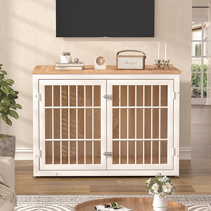 42" Heavy Duty Dog Crate Furniture for Large Dogs, Metal Kennel for High Anxiety Dogs, White Wooden Cage Furniture Indoor, Decorative Dog Kennel End Table, XL-PawvioPets