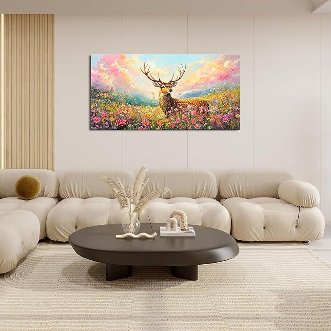 Deer Large Wall Art Wildflower Landscape Pictures Rustic Flowers Wall Decor Wild Animal Nature Canvas Print Painting Artwork for Bathroom Living Room Bedroom 30"x60"-PawvioPets