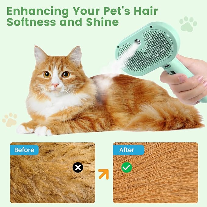 3 in 1 Cat Steam Brush, Pet Spray Hair Removal Comb for Shedding & Grooming, Water Brush for Cats Dogs Small Animals Long Short Haired with One-Click Release Button(Green)-PawvioPets