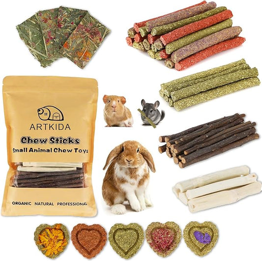 65PCS Rabbit Bunny Guinea Pig Chew Toys Treats, Chinchilla Hamster Chews Toys for Teeth, Timothy Hay Chips Treats Sticks for Rabbit Guinea Pig Chinchilla Hamster Rat-PawvioPets