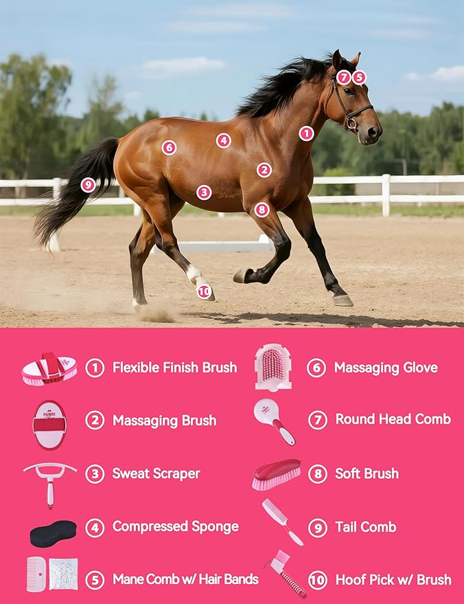 11PCS Horse Grooming Kit Curry Comb Sweat Scraper Horse Bathing Supplies Grooming Tools with Storage Bag Pink Garnet-PawvioPets