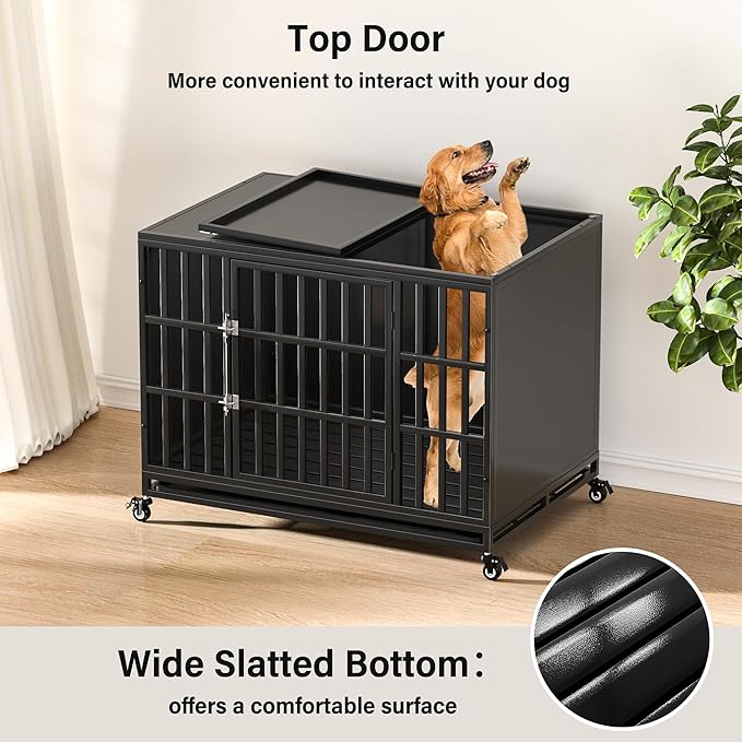 42 inch Heavy Duty Dog Crate with Self-Locking Latch, Indestructible Steel Large Kennel with Enclosed Design, Chew-Proof and Escape-Proof Pet Cage for High Anxiety Dogs-PawvioPets
