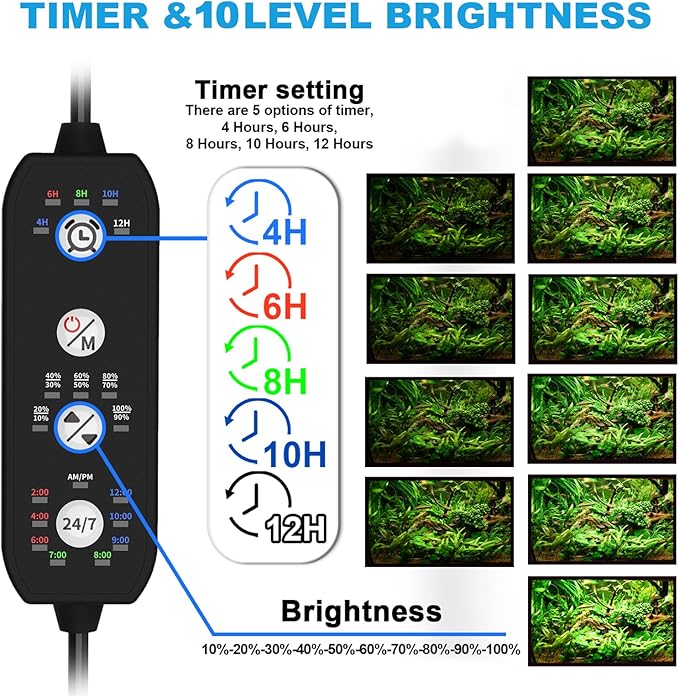 24/7 Mode Led Aquarium Light for Plants Growth-Full Spectrum Fish Tank Light with Timer, Auto On/Off, 7 Colors, Adjustable Brightness, 14W for 12 to 18 Inch Freshwater Tank-PawvioPets