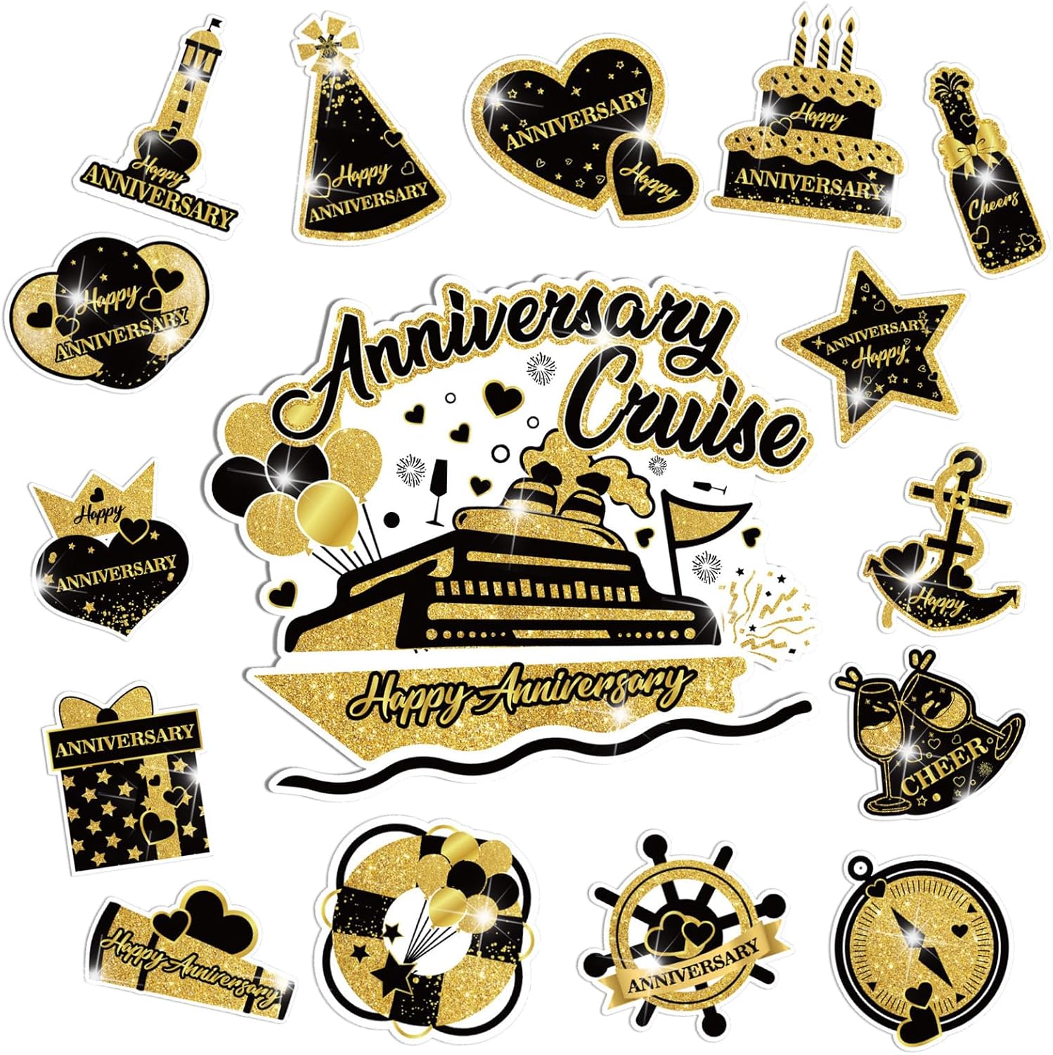 Happy Anniversary Cruise Door Magnets Decorations, Black Gold Happy Anniversary Cruise Ship Door Decor Magnetic for Married Men Women Wedding Party Fridge Refrigerator Car Kitchen Garage Personalized