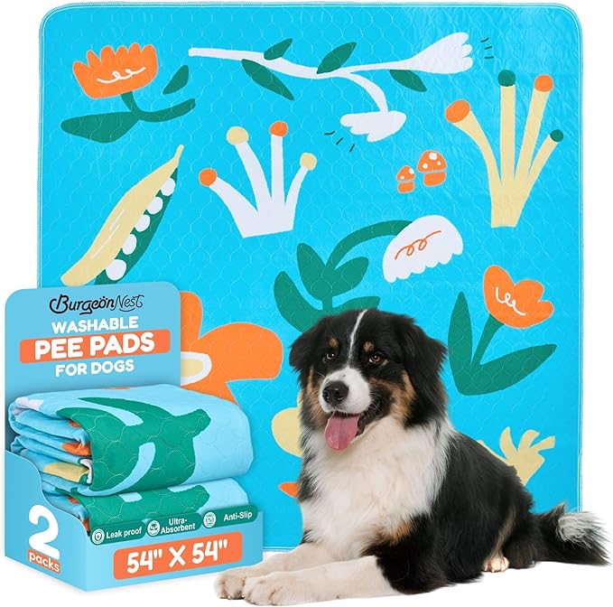 BurgeonNest Washable Pee Pads for Dogs, 2 Pack 54''x54'' Super Absorbent, Leakproof & Non-Slip Reusable Potty Pads for Puppy Playpen, Crate, Whelping Box, Potty Training, Blue-PawvioPets