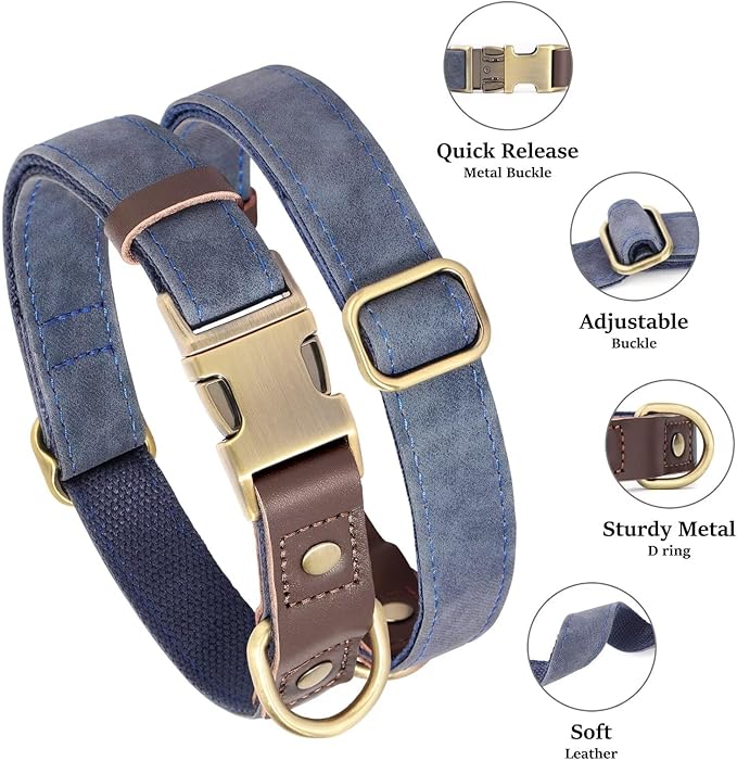 Didog Soft PU Leather Dog Collars for Medium Dogs,Classic Adjustable Dog Collars with Quick Release Metal Buckle,Easy Clean and Comfortable with Nylon Lining,Blue,M Neck 13-19"-PawvioPets