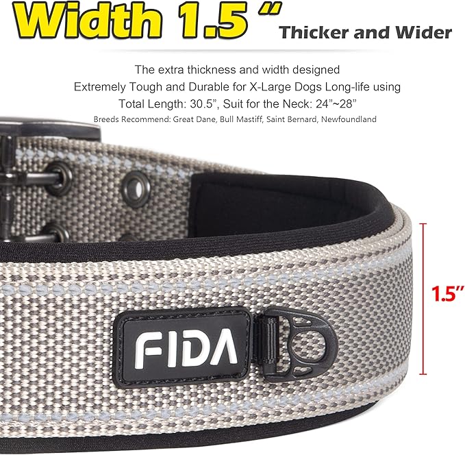 Fida Heavy Duty Dog Collar 1.5” Width, Ultra Soft Neoprene Padded, Adjustable Reflective Nylon Pet Collar with Two Metal Pin Belt Buckle for Large/X-Large Breeds (XL, Grey)-PawvioPets